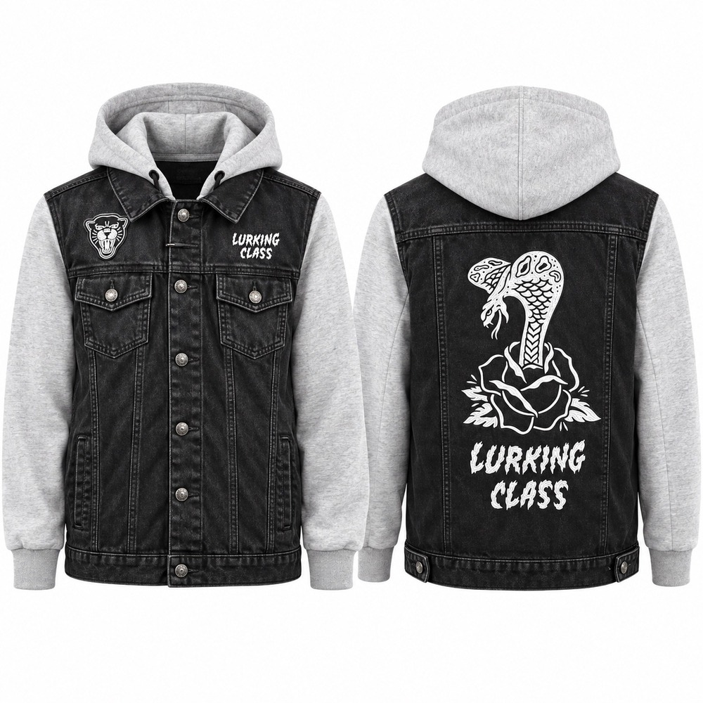 Lurking Class Sketchy Tank Mens M Hooded Denim Jacket Cobra Rose Black Gray
